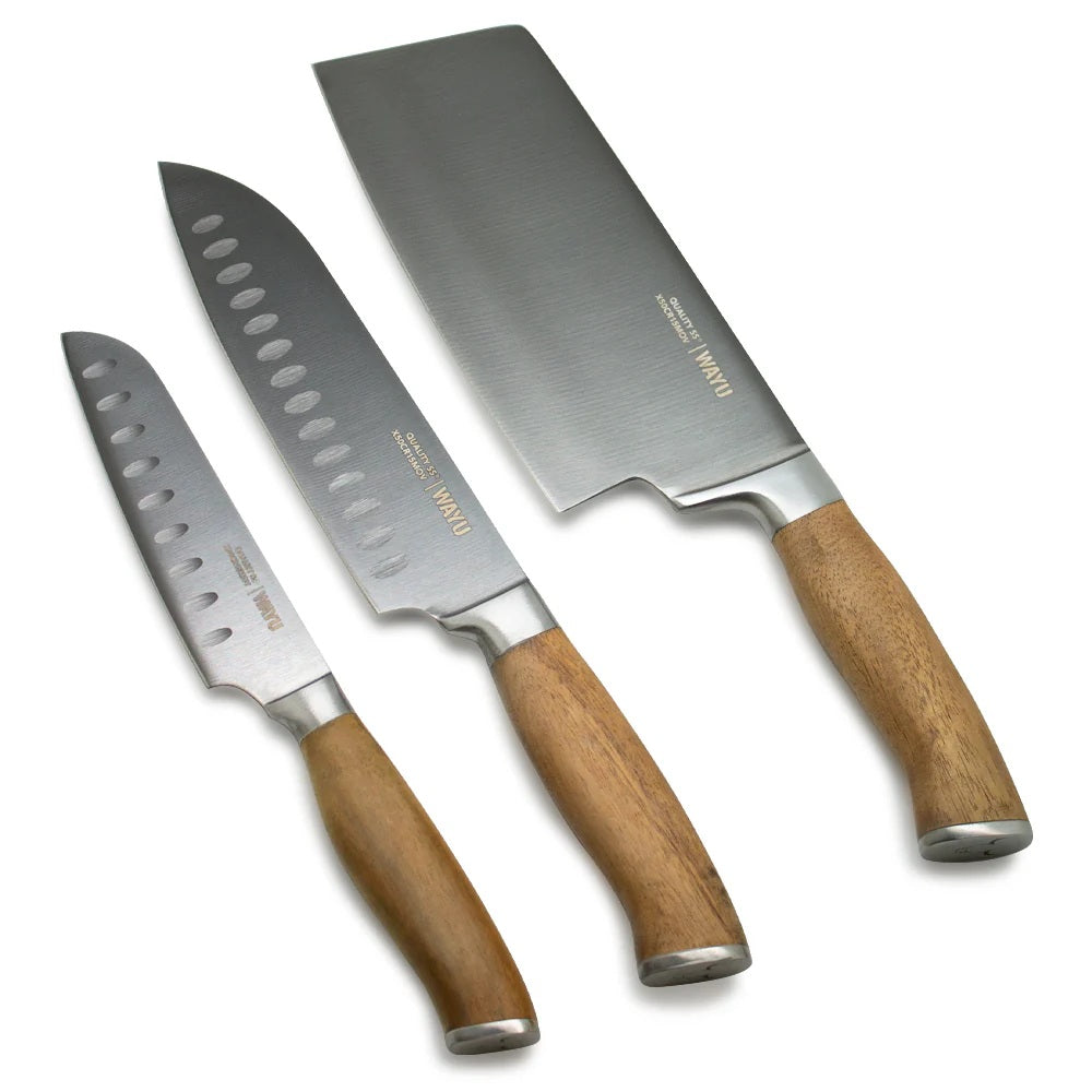 SET DE 3 CUCHILLOS DE ACERO INOXIDABLE CON SOPORTE MAGNETICO WAYU