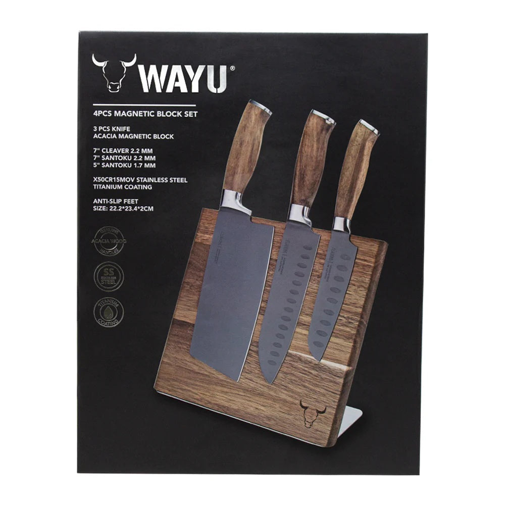 SET DE 3 CUCHILLOS DE ACERO INOXIDABLE CON SOPORTE MAGNETICO WAYU