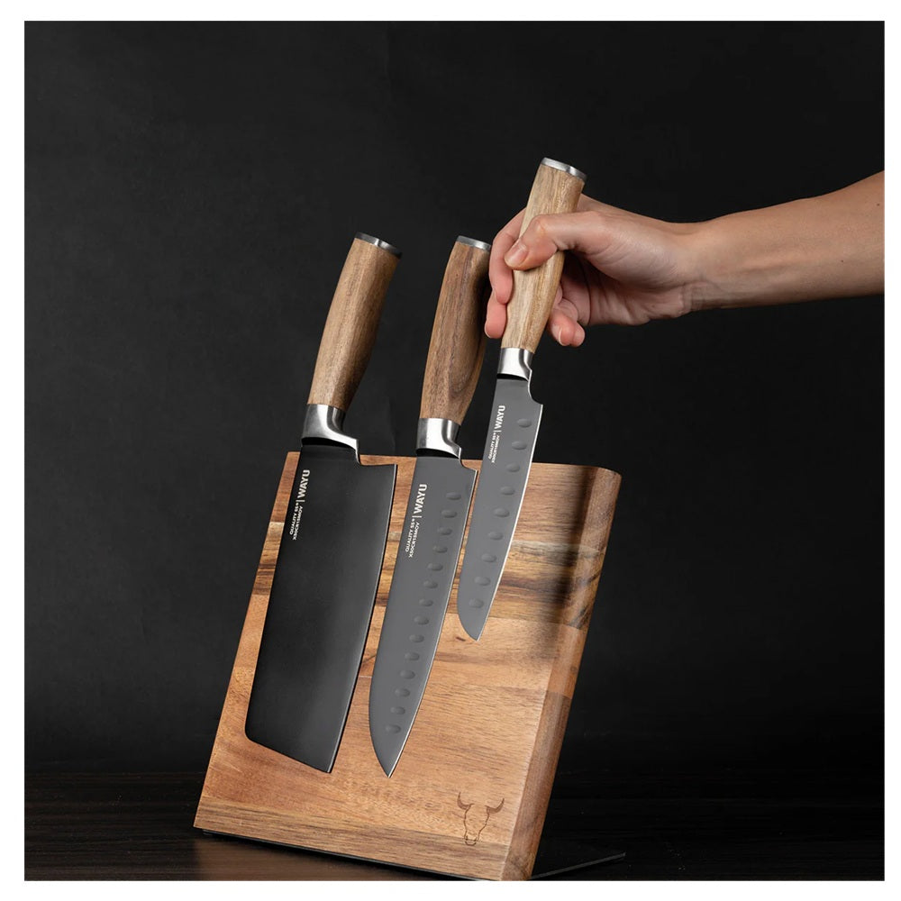 SET DE 3 CUCHILLOS DE ACERO INOXIDABLE CON SOPORTE MAGNETICO WAYU